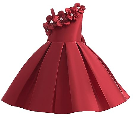 Generisch Élégante robe de princesse en satin à épaules dénudées pour fille comme costume de piano - Couleur unie - Mode de soirée pour enfants, rouge, 12-13 ans