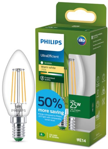 Philips LED UltraEfficient Klar B35 Kronljus Filament Ljuskälla, E14 sockel, energiklass A, 252 lm, 25W ekvivalent, varmvit (2700K), EyeComfort, 50 000 timmar, 1-pack
