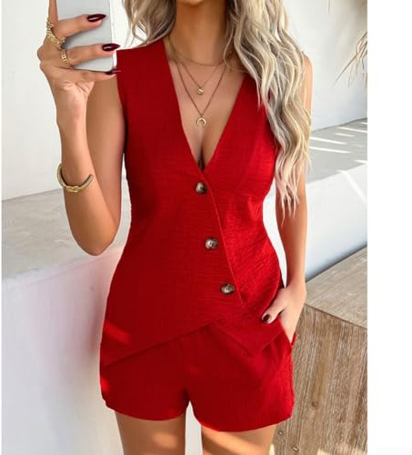 DystopiaWorld Traje casual, conjunto de 2 piezas, cárdigan con botones, chaleco y pantalones cortos, diseño de cintura elástica de color sólido, para mujer, vacaciones, uso diario