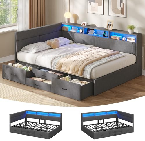 AOGLLATI Canapé lit 140x200 avec Éclairage LED et Prise, lit 2 Personnes avec 4 Tiroirs, Tête de Lit Interchangeable, Capitonnage 360°, Lit 140x200 avec Sommier en Métal,Lin Gris Foncé(sans Matelas)