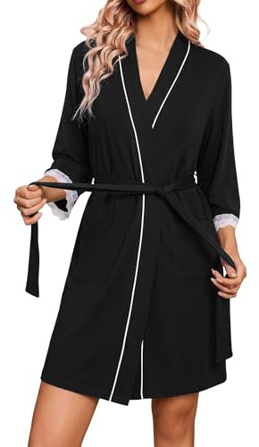 Ocextami Womens Dressing Gown Lightweight Lace Cuff Summer Robes 3/4 Sleeve Ladies Short Bathrobe With Pockets Spa Hotel Loungewear S-XXL