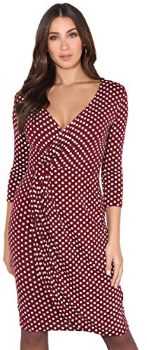 KRISP Women Polka Dot Wrap Midi Dress V-Neck 3/4 Sleeve (Wine, 18), 6487-WIN-18