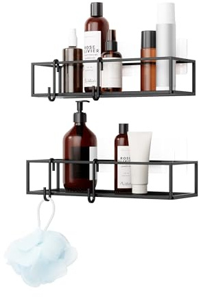 Umbra Cubiko Shower Shelf, Metal Floating Shelves with Adhesive Mounting Strips, 2-Pack, Black