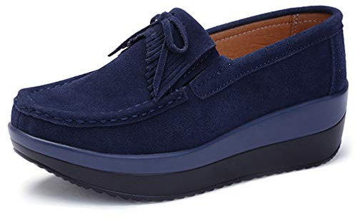 Solshine - Mocassini da donna in pelle scamosciata con zeppa e tacco a cuneo, leggeri, senza lacci, scarpe casual, sneakers, Blu scuro 4., 35.5 EU