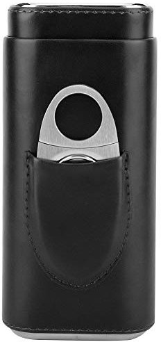 Samfox Zigarrenetui, Leder Reise-Zigarrenetui Tragbarer, mit Holz ausgekleideter Zigarren-Humidor mit Cutter-Set(Schwarz)