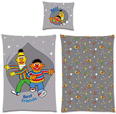 Sesamstrasse, Bettwäsche, 200 x 135, 80 x 80, 100% Baumwolle, Schadstoffgeprüft Öko Tex 100, 60 Grad waschbar, Ernie und Bert mit Sternen