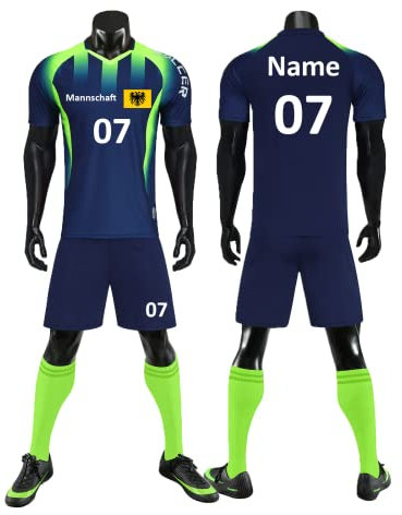 HDSD Personifizieren Fußball Trikot Kinder Erwachsene Heim-/Auswärtstrikot Kurzarmtrikot Shorts Set mit Namen Nummer Team Logo (Saphirblau)