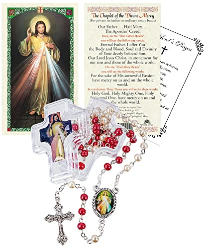 Chapelet de la miséricorde divine – Carte de prière, chapelet de la miséricorde divine avec centre de table, perles rouges et blanches, crucifix de Jésus-Christ, étui, carte de prière du Seigneur |
