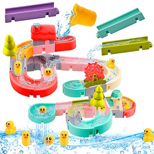 Vibbang Bath Toys for Toddlers, Baby Bath Toy Water Slide With Wind-Up Duck, Water Track Bathtub Toys, Interactive Ferris Wheel Water Duck Slide Toys, DIY Educational Watermill Toy(62 Pcs)