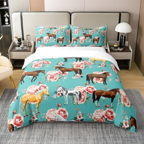 100% Organic Cotton Kids Horse Bedding Set Chic Retro Floral Duvet Cover For Girls Teens Galloping Horse Printed Comforter Cover 3D Wild Farm Animal Bedding Bedroom Decor Full Size, Green Pink