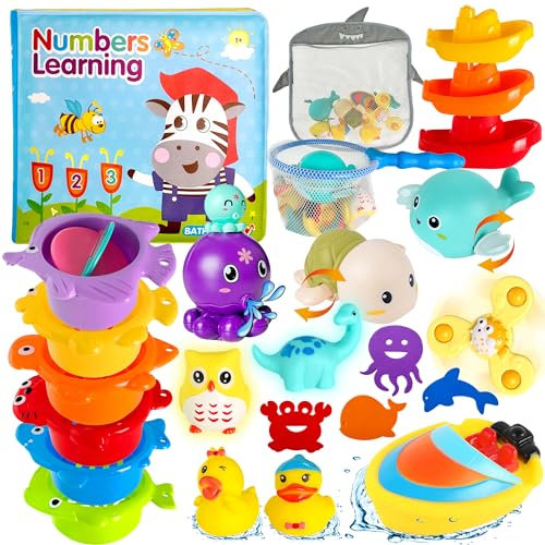Lubibi Badewannenspielzeug Set, Babybadespielzeug, Badewannenspielzeug, Wasserspielzeug Duschen und Schwimmen, Wassersprühende Krake Aufbewahrungs-Netztasche, Mehr als 6 monate Babyspielzeug Geschenke