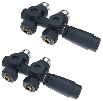 Heilmetz Vanne thermostatique 2 pièces，vanne universelle avec thermostat pour radiateurs et seche serviette,10 bar,7 niveaux réglables, Kit de raccordement central（Anthracite）