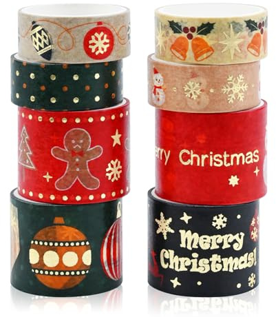 Washi Tape Set 8 Rullar Jul Tape Dekorativa Tape Färgglada Japanska Washi Tape Set Washi-band Maskering för dekoratörer DIY Scrapbooking Party Sticker Inslagning Gåvor (Snögubbe)