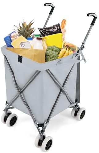 GYMAX Carro de la Compra Plegable, Carga de 50 kg/90 L, Carro Compra 4 Ruedas con Asa en Forma de L, Tejido Oxford Impermeable y Cubierta, para Compras, Camping (Gris)