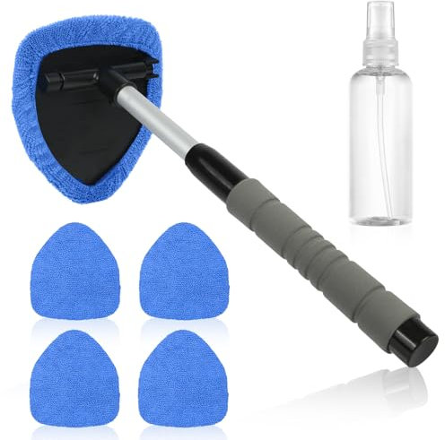 AMFUN Nettoyant pour Pare-Brise, Nettoyage Pare Brise Kit, 180° Extensible Brosse de Fenêtre de Nettoyage à Manche avec 5 Tampons Microfibres et 1 Vaporisateurs, pour le Nettoyage des Vitres(Triangle)