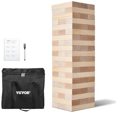 VEVOR Jeu de tour en bois, 60 blocs, tour géante de blocs empilables en bois de pin, avec sac de transport et tableau de bord, jeux familiaux de tour de culbutage, pour intérieur, extérieur, 18x6x3 cm