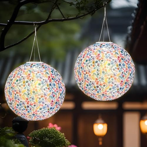 KUWUNG Solar Lampions Außen Wetterfest, 2 Stück 12 Zoll Außen Hängend Nylon Solar Lampions, Retro Led Lampions Solar Außen Wetterfest Für Garten, Balkon,Terrasse, Hof, Hochzeit, Party, Fest Deko