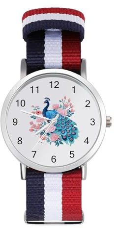 Djur påfågel av pion blommor fjäder sportklocka för män kvinnor nylonrem armbandsur analog kvartsur, Stil, regular, armband