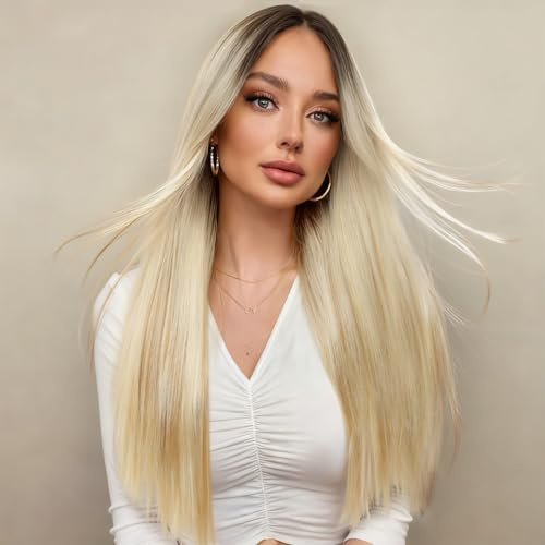 FAVE 13x4 HD Lace Peruker, Ombre Blond Syntetisk Peruker Med Highlights | Limfri HD genomskinlig blond lace Peruker, förplockad. Värmebeständigt långt rakt hår med highlights, 65 cm