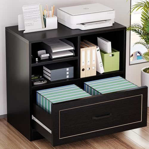 LVB Lateral Filing Cabinet with Drawer, Black Wood File Cabinet Printer Stand with Storage Shelves for Home Office, Modern Printer Cabinets Fits A4 Letter Legal Size with Hanging Folder, 83 CM | Robust wooden frame. As a filing cabinet with printer shelf, plenty of storage space for letters and A4 documents