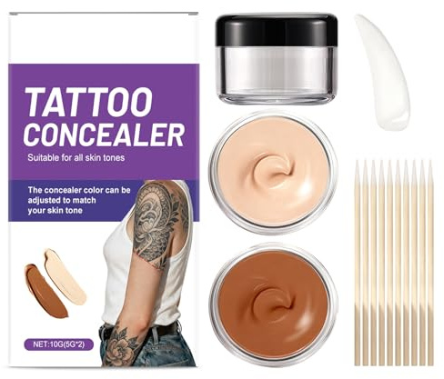 EONFAVE Set de cobertura de tatuaje, camuflaje impermeable para cubrir tatuajes e imperfecciones, 2 colores mezclados para piernas y brazos, maquillaje corporal natural con cobertura duradera