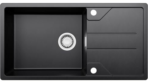 CECIPA Fregadero de cocina con escurridor 86 x 45 cm, color negro, granito, color negro grafito, 1 lavabo, incluye sifón y desagüe