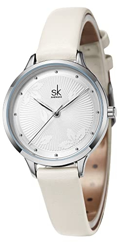 SHENGKE Uhren für Damen Quarzuhr für Damen wasserdichte Armbanduhr mit Lederband Weiß