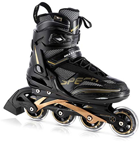 Nils Extreme Inliner für Herren und Damen - Inline Skates - ABEC9 Chrome Kugellager – Rollerblades Erwachsene - 82A Rollen - Rollerskates 46 - Schwarz und Gold - NA2150