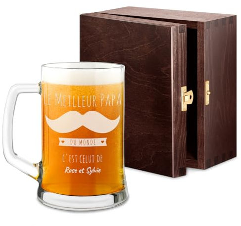 Maverton Chope à Bière Gravée - Contenance : 50 cl – Verre à Bière Papa Personnalisé avec Anse - Cadeaux pour les Amateurs de Bières – Idee Cadeau Homme - Cadeau Personnalisé pour Papa - moustache