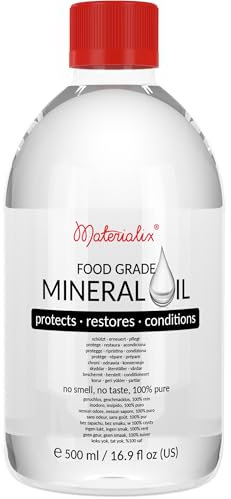 Huile minérale de qualité alimentaire Materialix - convient pour le bois, le bambou, la pierre, l'ardoise, les cosmétiques, les baumes, les crèmes, les lotions, les soins capillaires. 500ml.