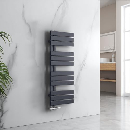 EMKE Radiador de baño plano, 1041 x 400 mm, color antracita, calentador de toallas para cuarto de baño, toallero de toalla, conexión lateral para agua, 456 W