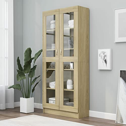 Festnight Armario Vitrina, Mueble Vitrina de Cristal,Vitrinas de salón,Aparador Cocina,Armario Auxiliar de Almacenamiento,con 5 Estantes 2 Puertas, 82,5x30,5x185,5 cm Roble Sonoma