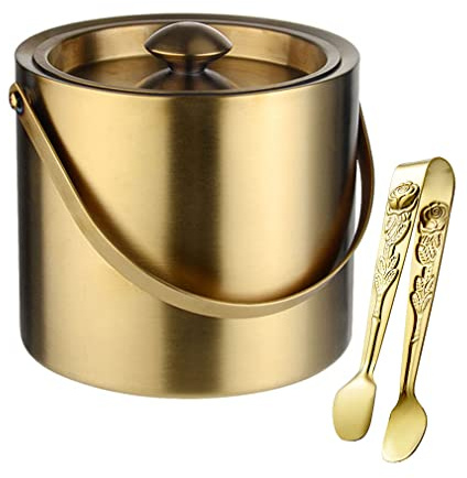 Kovake Ice Bucket Gift Kit, Stainless Steel Double Walled Insulated Round Ice Bucket with Ice Tongs and Lid, Perfect for Home Bars, Pubs, Restaurants, BBQs and Picnics (3 Litre, Gold)