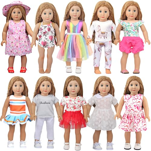 AugFrog 10 Sets of 18 Inch American Doll Clothes, Including 10 of Doll Clothing Dress Outfits for Gift Dolls, Birthday Gifts for Kids