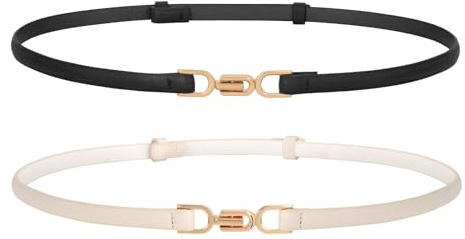 WERFORU läder mager kvinnor bälte mode damer tunt läder midjebälte för klänningar med guldspänne, Svart + beige, 105cm/Für Taillengröße unter 95cm