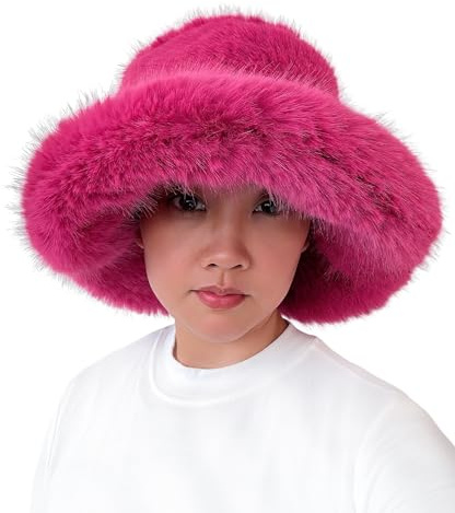 Lina & Lily Oversized Winter Faux Fur Bucket Hat for Women - Long Pile Fur Wide Moldable Brim (Dark Pink)