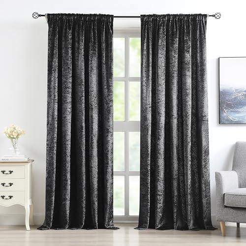 Bujasso Black Crushed Velvet Pencil Pleat Room Darkening Xmas Window Curtain Panels 90 inches Long Microfiber Lining 70% Blackout Window Drapes for Bedroom LivingRoom Set of 2 Panels W66 x L90 Black