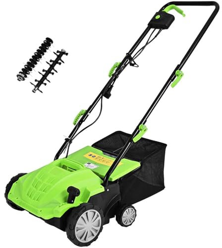 GYMAX Scarificatore Arieggiatore Elettrico, Rastrello, Design 2 in 1, Altezza Regolabile, 30L Sacchetto per la Raccolta dell'Erba, Maniglia Pieghevole (Verde)