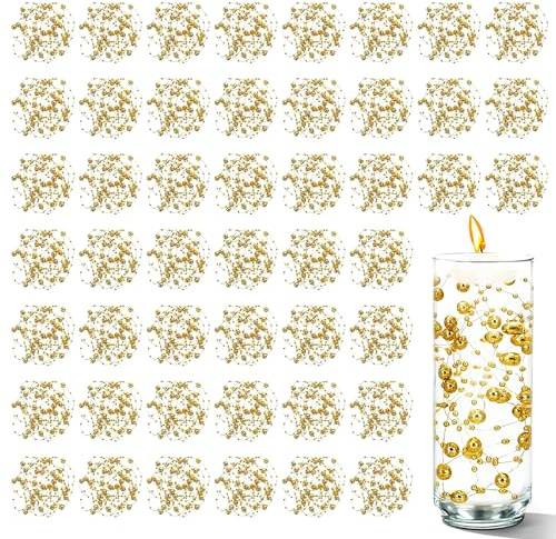 Cusmation 50 PCS Artificial Floating Beads for Centerpieces Vases, Gold 8+3mm String Beads for Wedding Party Faux Pearl String for Decorating, String Pearls for Crafts Vase Filler