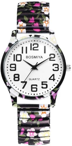 OIDEA Bohemia Flower Women's Easy Reader Watch - Large Face Big Number Analog Quartz Elastic Band Expansion Bracelet Wristwatch