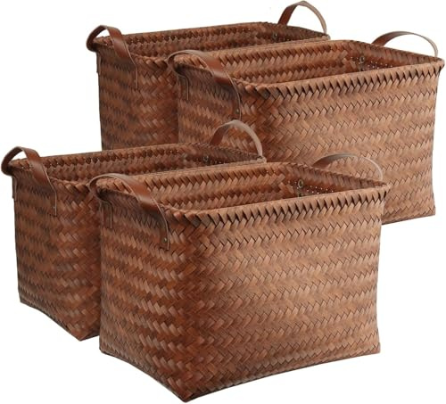 BROWNLILY Handwoven Clothes Basket Laundry Hampers Large Wicker Storage Baskets for Shelves Blankets Closet Storage Bins Car Bedroom Bathroom Organizers and Storage Bath (Pack of 4, Brown)