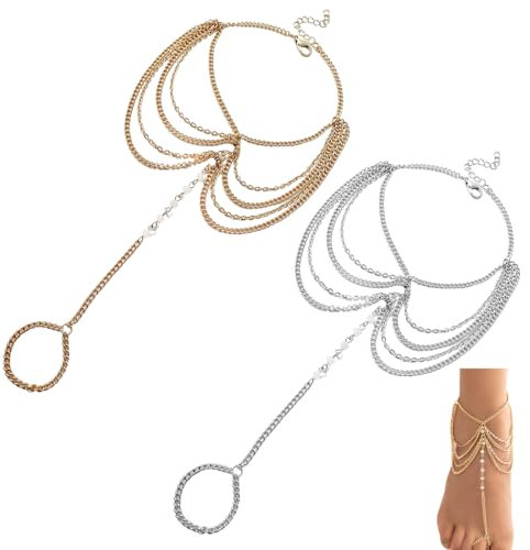 2 Pièces bracelets de cheville pour femme, bracelet cheville femme, Beach Perle Bracelet de Cheville Or Argent Chanceux Bracelets de Cheville Chaîne Bijoux de Pied Réglable pour Femmes Filles