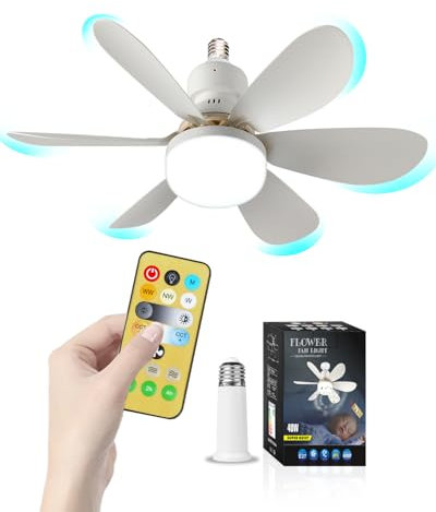Screw in Ceiling Fan Light, E27 Ceiling Fans with Lights and Remote, Quiet Ceiling Fan Light Dimmable, LED Lamp Small Fans for Bedroom, Living Room Kitchen 3 Color Temperature, 3 Speeds, Timing
