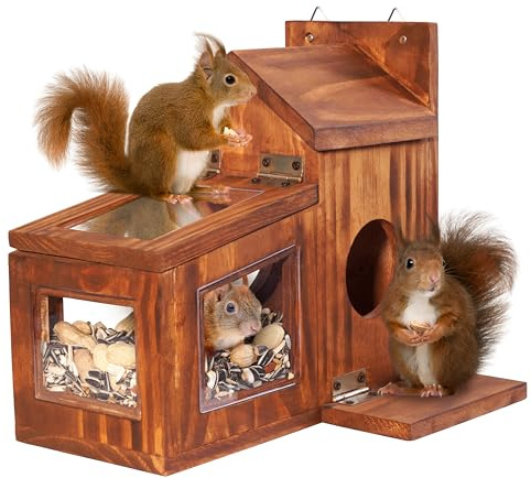 MIXUMON Wood Squirrel Feeder, Squirrel Feeders for Outside Winter, Wooden Chipmunk Feeder for Corn, Peanuts, Durable Box Easy to Fill with Removable Top Panel