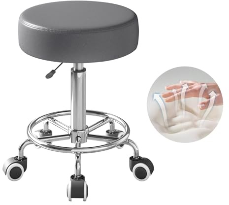 Rolling Stool, Heavy Weight Capacity 250lb, PU Leather Rolling stools, Ultra Soft Padded Seat, Rolling Stools with Wheels and Footrest, 360° Swivel, Spa Drawing Salon Work Office Tattoo Stool (Grey)