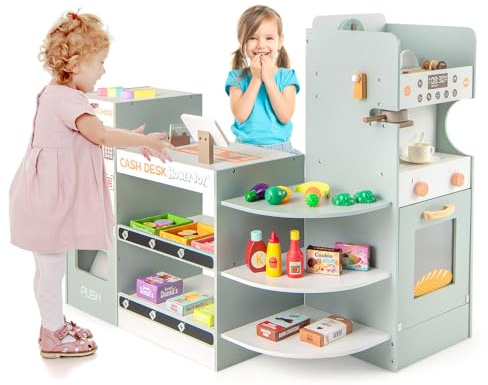 HOMASIS Supermercato Giocattolo per Bambini in Legno, Negozio Giocattolo per Bambini con Cassa Registratrice, Distributore Automatico e Macchina da Caffè per Bambini dai 3+ Anni