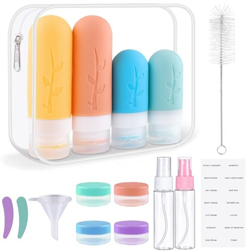 Zosenyer Flacons Voyage Silicone, 16 Pièces Accessoires de Voyage, Kit Complet de Récipients pour Shampoing, Lotion et Cosmétiques, Avion Cabine (Couleur)