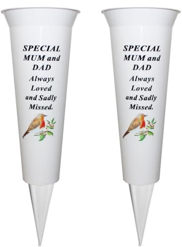 Set of 2 Memorial Grave Flower Pot - 33cm tall Sturdy White Memorial Graveside Flower Vase with Spike and Robin Image (Special Mum and Dad)