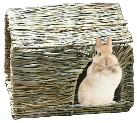 Xoeryoy Kaninhus kaninbur husdjur hopfällbart gräs hus kanin hamster igelkott marsvin handgjord sugrör vävt bo (liten, 30 x 20 x 20 cm)