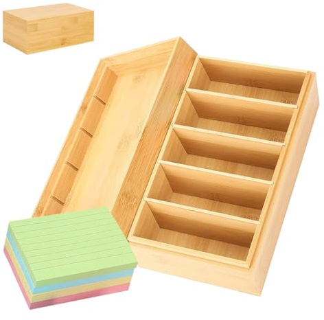 A7 Caja para Tarjetas Maderas, 22x12,6x9cm Caja Vocabulario Maderas con Tapa, Organizador de Tarjeta con 4 Tabiques Ajustables y 400 Piezas Ficha Índice, Organizador de Tarjetas(incluye Fichas Índice)